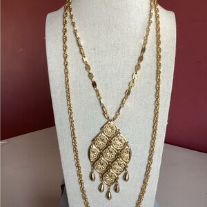 Vintage Gold-Tone Long Chain Necklace with Geometric Dangle Pendant